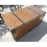 Pine rectangular blanket box, metal bound corners, hinged lid and side carry handles 96cm x 53cm x