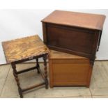 C20th panelled oak box with hinged lid on turned supports, W55cm D32cm H42cm, similar light oak