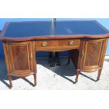 Edwardian inlaid mahogany break front kneehole writing desk, central drawer enclosed by pair of