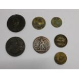 Small selection of coin tokens to include 1790 Lothian Edinburgh conder halfpenny, guinea spade