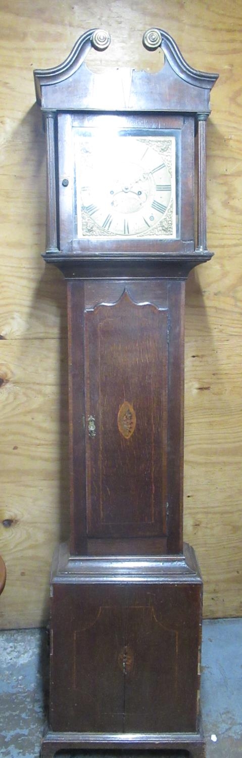 Geo. III mahogany crossbanded oak long cased clock, 11.5" square brass Roman dial inscribed Geo. - Image 2 of 4