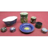 Collection of C20th Cloisonné items including two oval and one circular pill boxes, two canisters