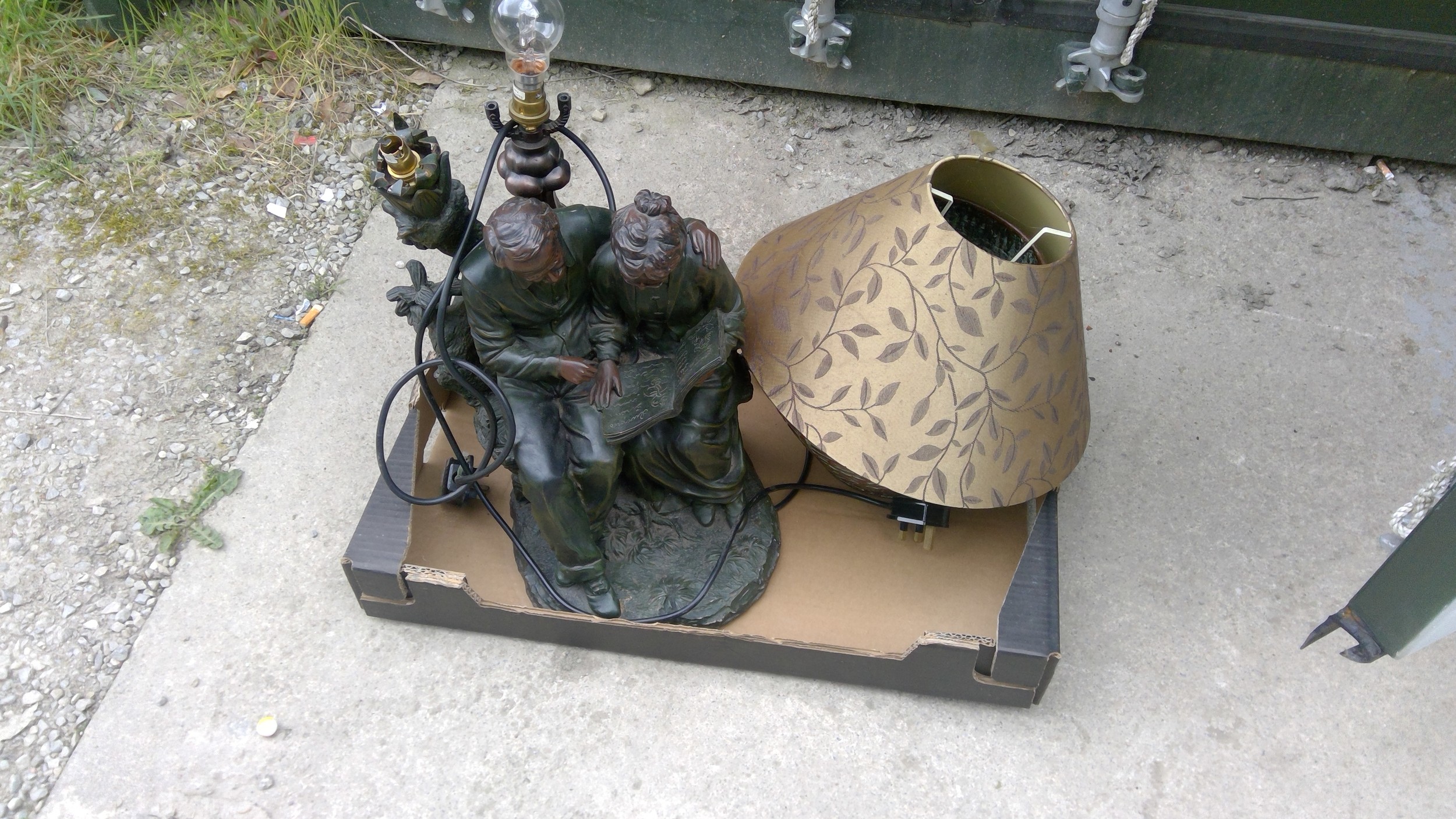 Indo Persian copper jardinière, Art Nouveau table lamp, figural table lamp in form of an old couple