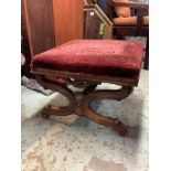 Victorian mahogany stool with upholstered top with X shaped supports with bobbin turned stretcher (