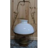 Brass railway platform style oil lamp with glass shade, H72cm