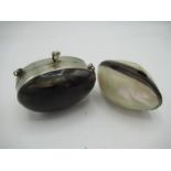 Hinged horn coin purse with white metal mounts chain and clasp and a hinged mother of pearl