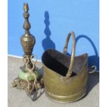 Rococo revival cast gilt metal table lamp, H53cm, brass coal helmet and pair of tongs (3)