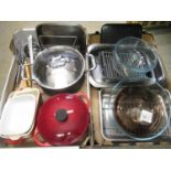Selection of kitchen utensils incl. Le Creuset two handle casserole red glaze (burnt interior),