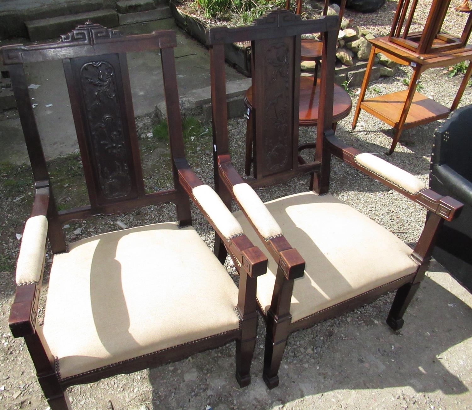 Pair of Chinese hardwood throne type armchairs, pierced back with leaf carved splat, brass nail - Image 2 of 4