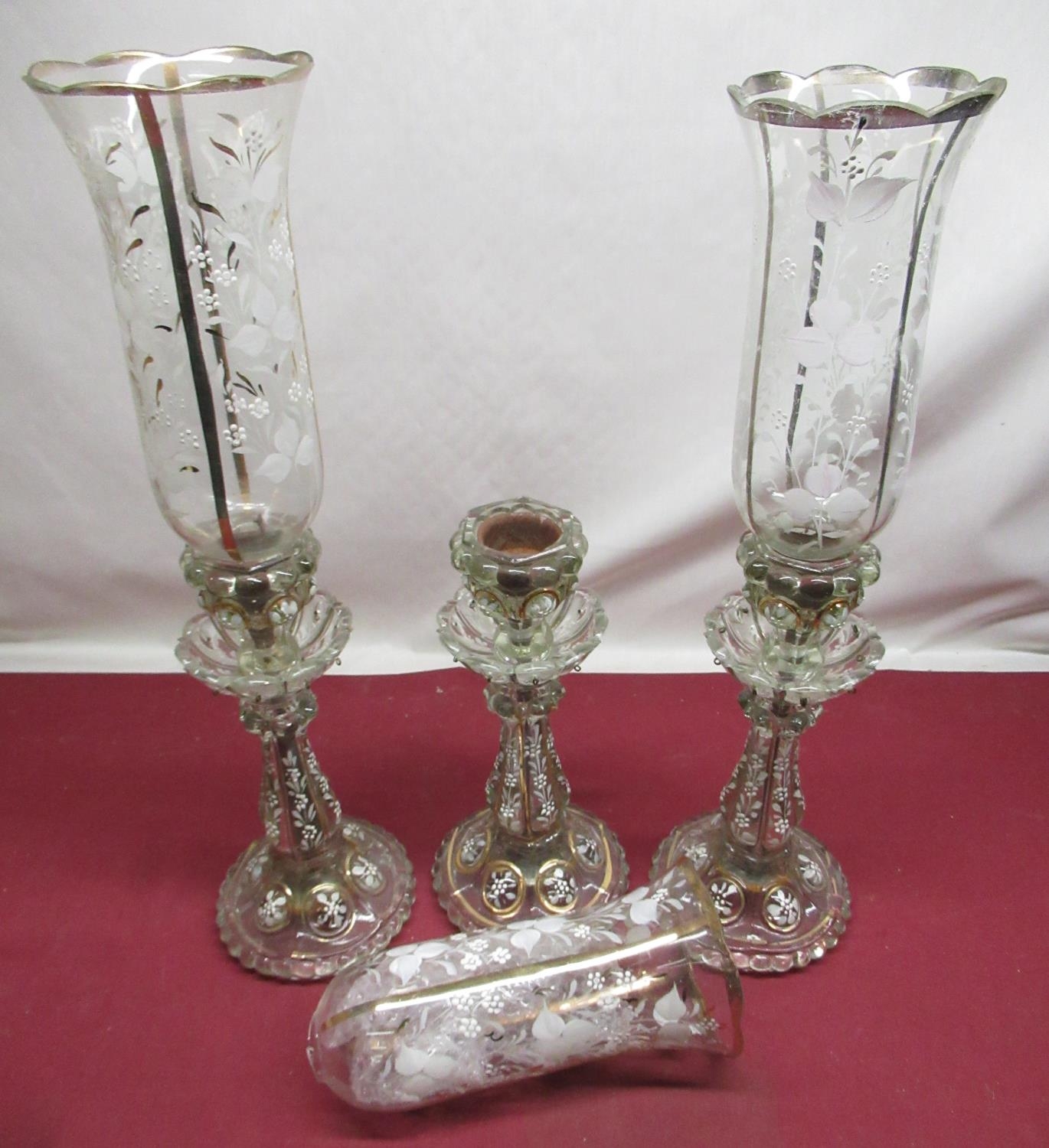 Late C19th glass candle lamp lustres painted in floral enamels with matching funnel shades (