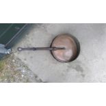 Late C19th shallow copper saucepan with riveted wrought iron handle and matching copper lid D32cm