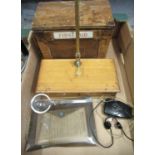 1950's stained beech First Aid box, W25.5cm D14.5cm H21cm, early C20th apothecary scale with glass