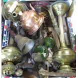 Three boxes of religious ornaments, copper items etc