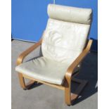 Modern light oak framed white leather upholstered open arm chair
