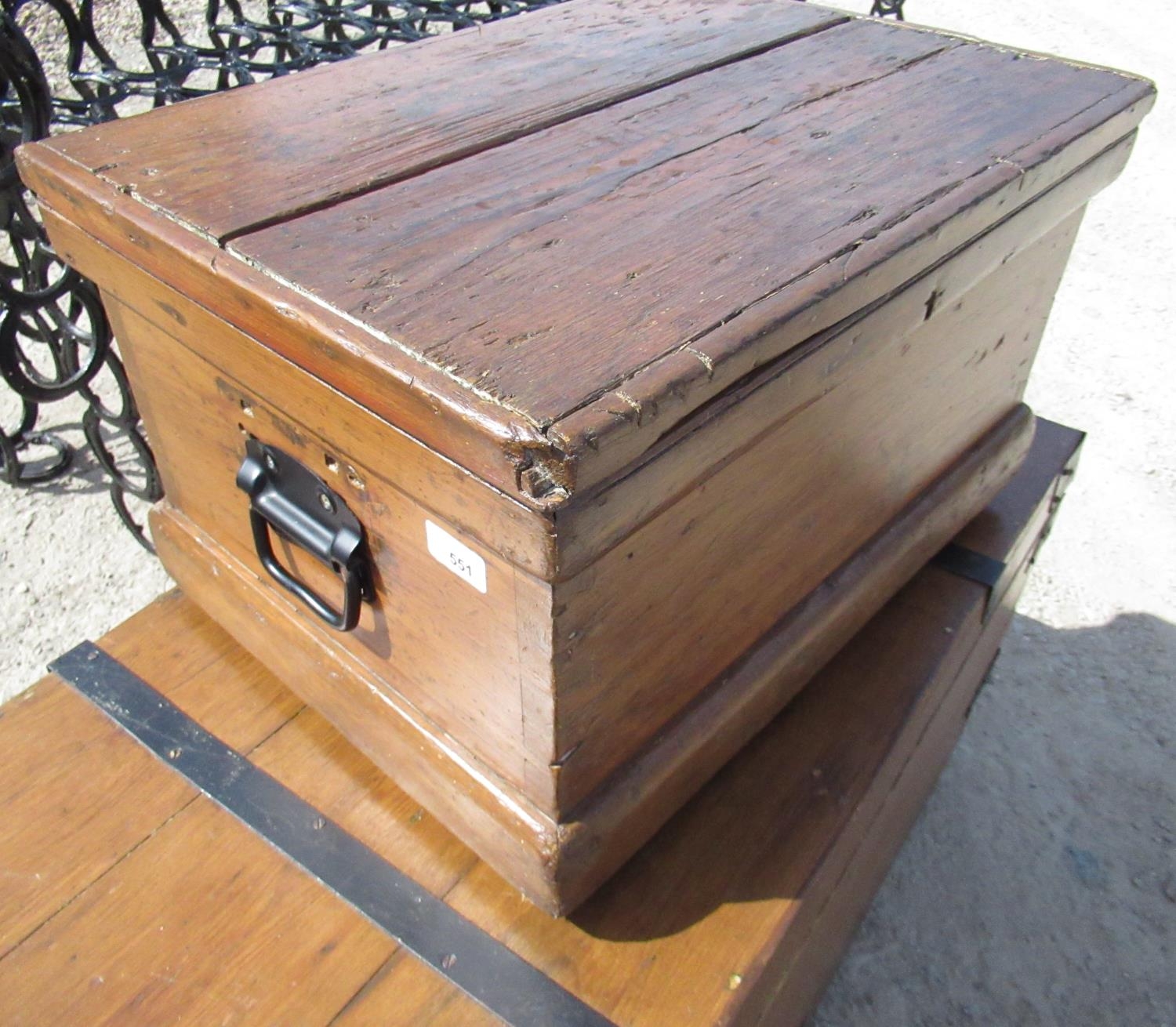 Small early C20th pitch pine blanket box, hinged lid, side carry handles on plinth base 56w x 40d - Image 2 of 2