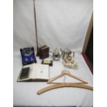 Figure of mother with child and dog by A. Santini, copper and brass hunting horn, coat hanger from