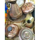 Collection of C19th and later metalware incl. copper gallon measure H30cm, two copper hot water