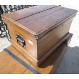 Small early C20th pitch pine blanket box, hinged lid, side carry handles on plinth base 56w x 40d