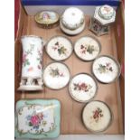 Small Dresden porcelain patch box and cover decorated with flowers, similar trumpet shaped vase,
