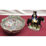 Canton style bowl with decorated panels alternating between scenes and flowers and a Staffordshire