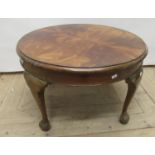 Geo. III style mahogany coffee table, circular figured top on cabriole legs with scroll feet,