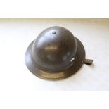 WWII Brodie steel helmet, with liner and chin strap in infantry colours