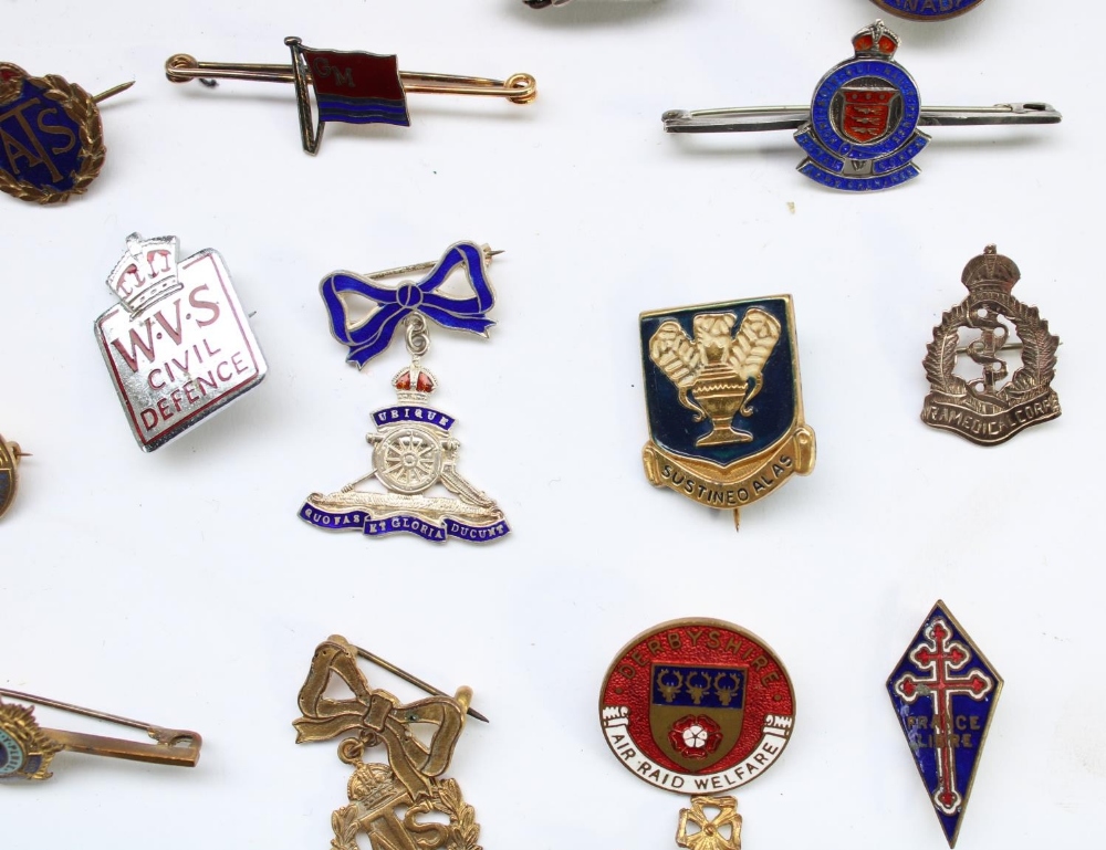 Selection of enamel regimental, sweetheart and civilian association badges, many hallmarked - Image 4 of 7