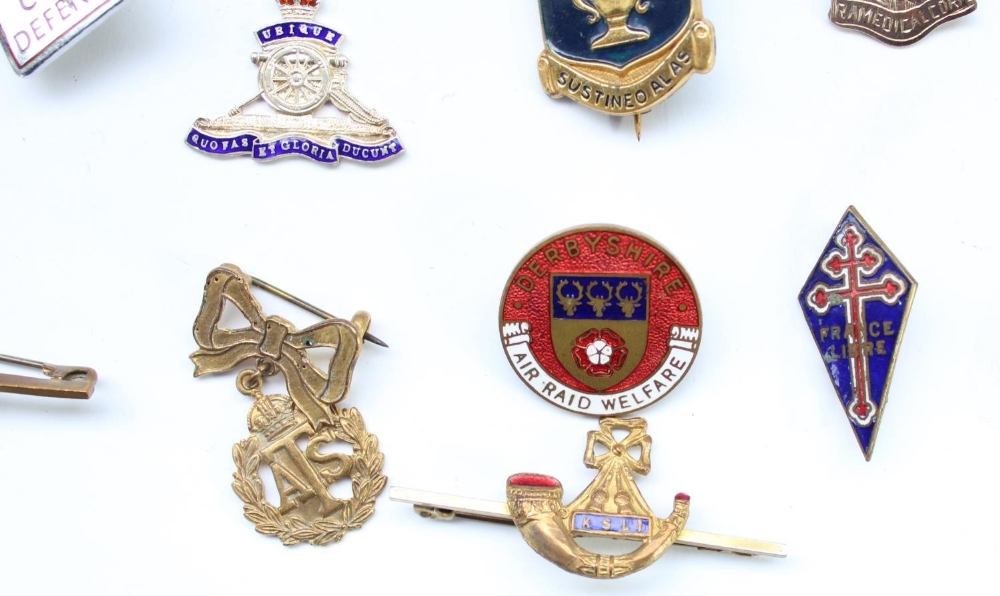 Selection of enamel regimental, sweetheart and civilian association badges, many hallmarked - Image 5 of 7