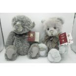 Charlie Bears Shelby in pale blue and grey with check ribbon, H37cm, and Bindi in grey with bell