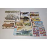 10 unbuilt plastic military model kits. Airfix 40mm Bofors gun and tractor (no decals), a Vosper