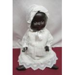 Armand Marseille 351/6K bisque headed black doll wearing lace bonnet and nightgown with layers,