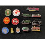 Three small enameled steam train badges including the Earl of Merioneth, Two enamel badges of