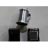Novelty Dunhill lighter in the form of a pewter tankard, boxed Ronson chrome lighter and a boxed