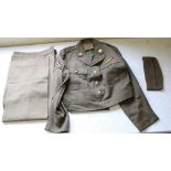 USA Corporal battle dress jacket with brass lapel insignia, brass buttons, metal ribbon, pair of