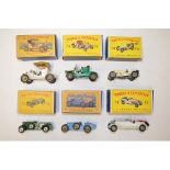 Six boxed vintage models of Yesteryear diecast cars, including Bugatti Type 35, 1909 Opal Coupe,