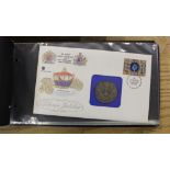Selection of FDC albums including Silver Jubilee with coin commemoratives, History of WW2 with