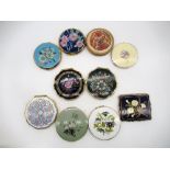 Stratton compact with enamel and hand painted window to cover, eight Stratton compacts with floral