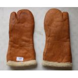 Pair of American air force A-9 small leather flight mittens with thumb and finger in light tan,