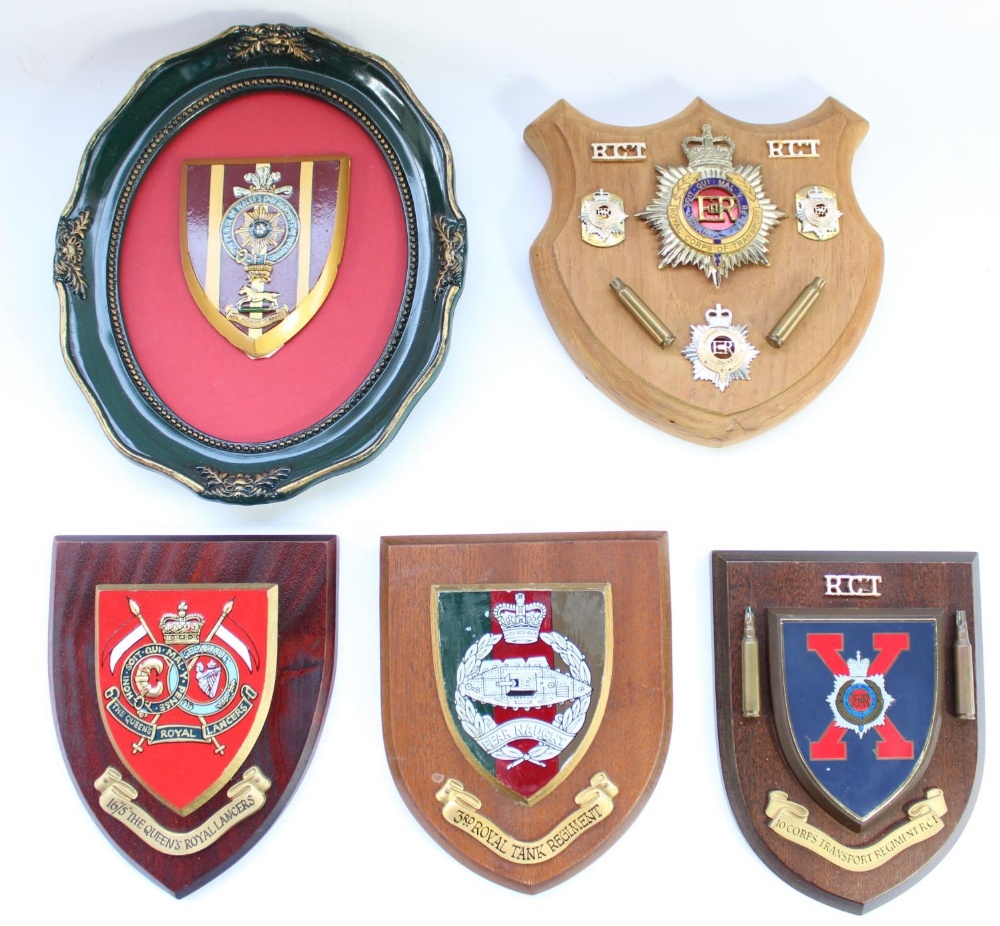 Regimental shield plaques including Royal Corps of Transport, 3rd Royal Tank Regt, 16/5 Queens Royal