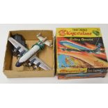 Vintage metal battery operated 4 engined Skycruiser in BOAC colours. Model by Louis Marx & Co,