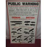 Framed and mounted public warning poster, aircraft recognition for German and British airships and