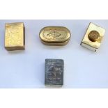 Two trench art matchbox holders and a trench art snuff box, and a WW1 matchbox embossed with