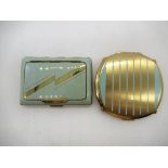 Art Deco striped gilt and mint green enamel combination compact and cigarette case stamped Foreign