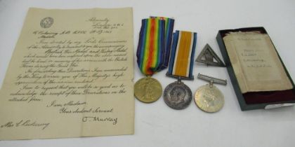WWI pair awarded to 201658 Pte. A. E. Pickering Y. & L. R 1939 - 45 War medal, WWI Hon War Service