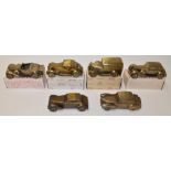 6 US made bronze car model coin boxes, 4 boxed. Average length approx 17cm.