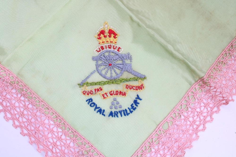 WW2 period Royal Artillery embroidered silk handkerchief in green and pink, W26cm - Image 2 of 2