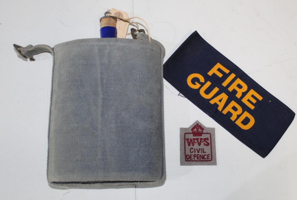 WVS Civil Defence cap badge with Fire Guard armband, water canteen with original case