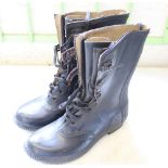 Pair of 1945 naval rubber lace up boots, military belt with brass buckles, naval truncheon holder