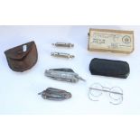 Selection of WW2 period militaria including under respirator spectacles with original case and