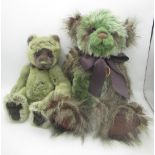 Charlie Bears Wozley in green and brown with large ribbon, H43cm, and Thistle in green will bell